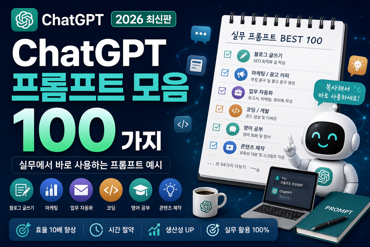 ChatGPT 프롬프트 모음 100선｜업무·블로그·마케팅에 바로 쓰는 실전 예시